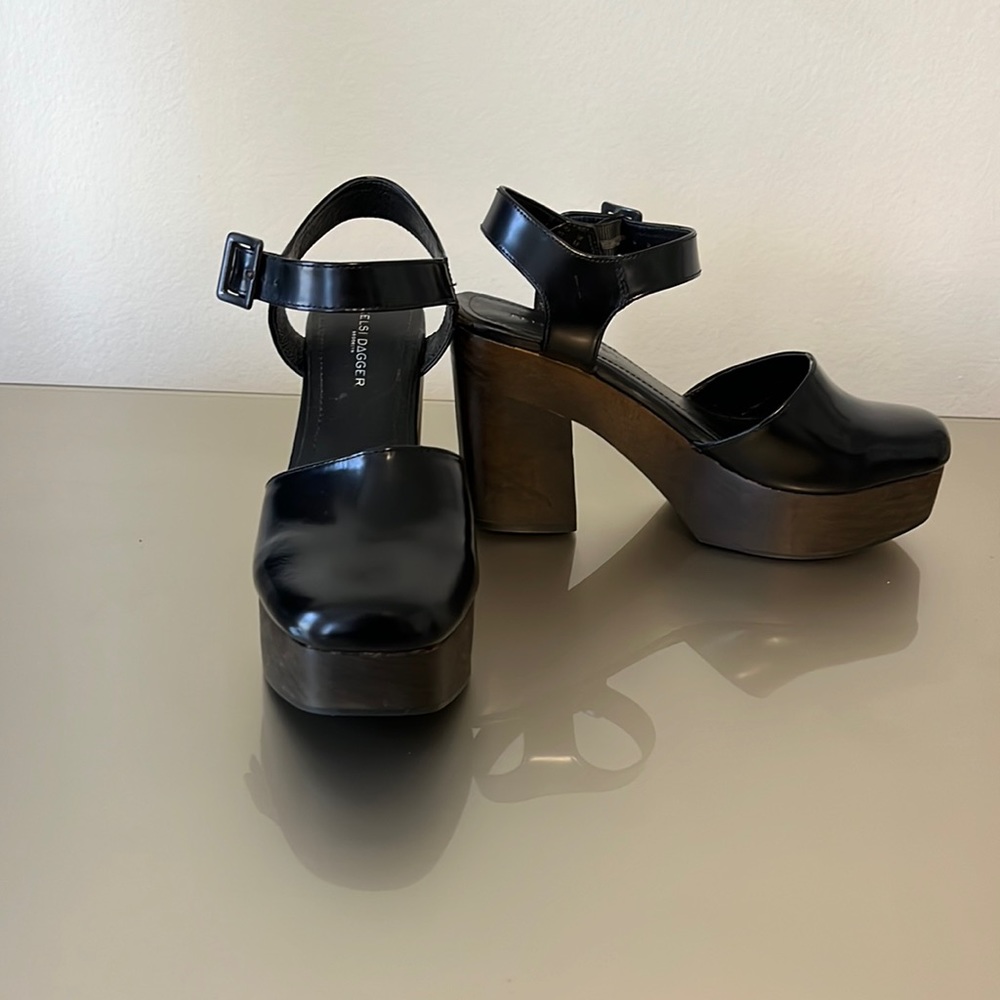 Black leather platform clogs